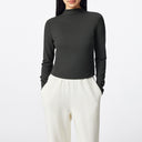 Gray Shimmer Fabric Semi-High Collar Fitted Long-Sleeve Tee