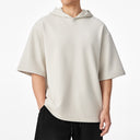 Beige Knit Casual Short Sleeve Labeled Hoodie