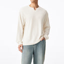 Loose-Fit Drop-Shoulder Textured V-Neck Long-Sleeve Tee