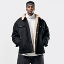 BDPOWERUP Heavyweight Sherpa Workwear Jacket – 100% Cotton, Lamb Fleece Lining, Loose-Fit Street Style