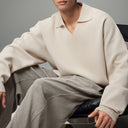 Beige Knitted V-Neck Polo Shirt