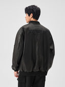 BODYDREAM Men's Vintage-Washed PU Leather Jacket with Embroidered Baseball Collar