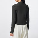Gray Shimmer Fabric Semi-High Collar Fitted Long-Sleeve Tee