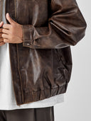 BODYDREAM Vintage-Washed Leather Jacket Men's Casual Commuter Lapel Jacket