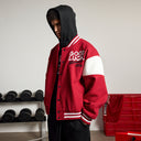 BDPOWERUP Embroidered Varsity Jacket – Loose-Fit Thick Streetwear Bomber with Graphic Back Print