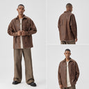 BODYDREAM Men's Vintage-Style Oversized Leather Shirt Casual Loose-Fit Long-Sleeve Jacket