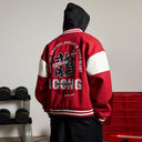 BDPOWERUP Embroidered Varsity Jacket – Loose-Fit Thick Streetwear Bomber with Graphic Back Print