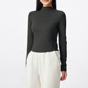 Gray Shimmer Fabric Semi-High Collar Fitted Long-Sleeve Tee