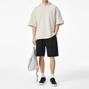Beige Knit Casual Short Sleeve Labeled Hoodie